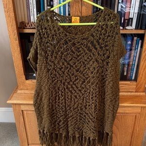 Ruby Rd. Olive Open-Knit Fringe Poncho Sweater